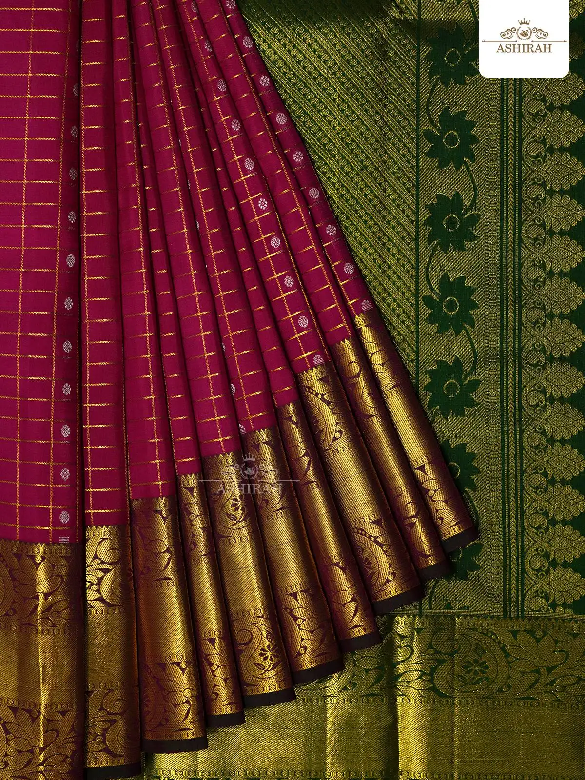 Dark Pink Pure Kanchipuram Silk Saree With Checks Design On The Body And Paisley Motifs Zari Border