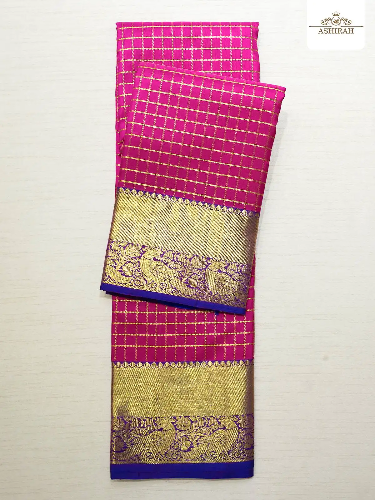 Dark Pink Pure Kanchipuram Korvai Silk Saree With Checks Design On The Body And Pigeon Motifs Zari Border