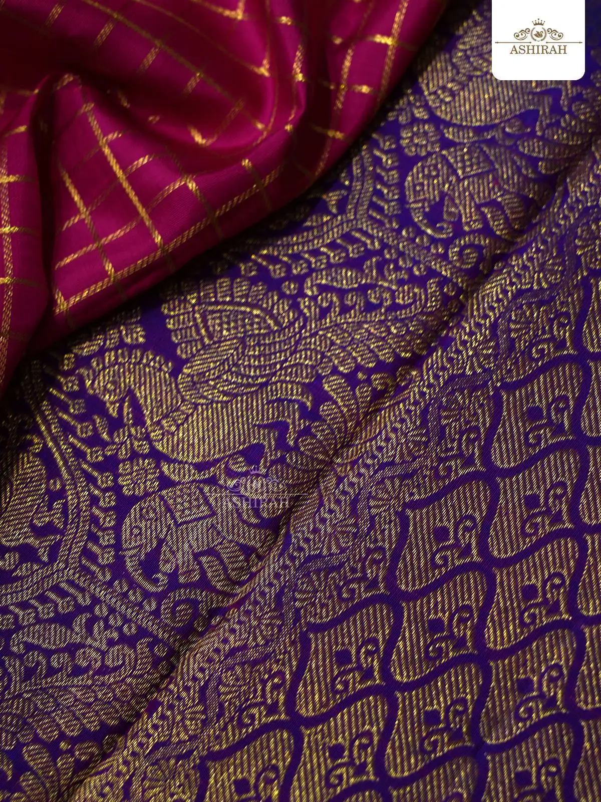 Dark Pink Pure Kanchipuram Korvai Silk Saree With Checks Design On The Body And Pigeon Motifs Zari Border