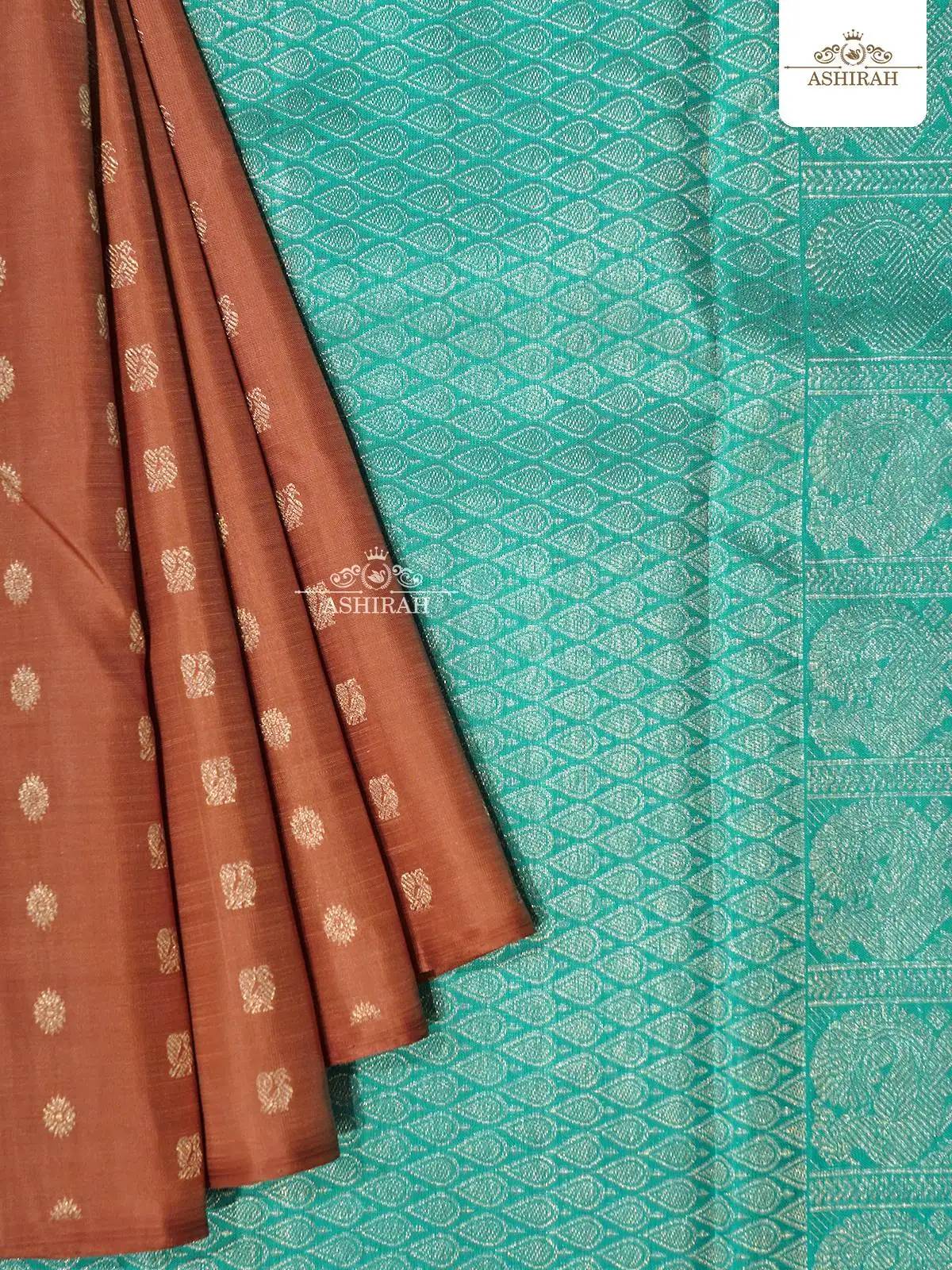 Light Brown Pure Kanchipuram Silk Saree With Peacock Motifs All Over The Body And Without Border