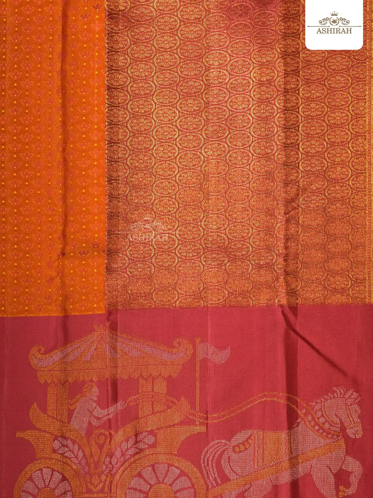 Dark Orange Pure Kanchipuram Korvai Silk Saree With Brocade On The Body And Design Motifs Zari Border