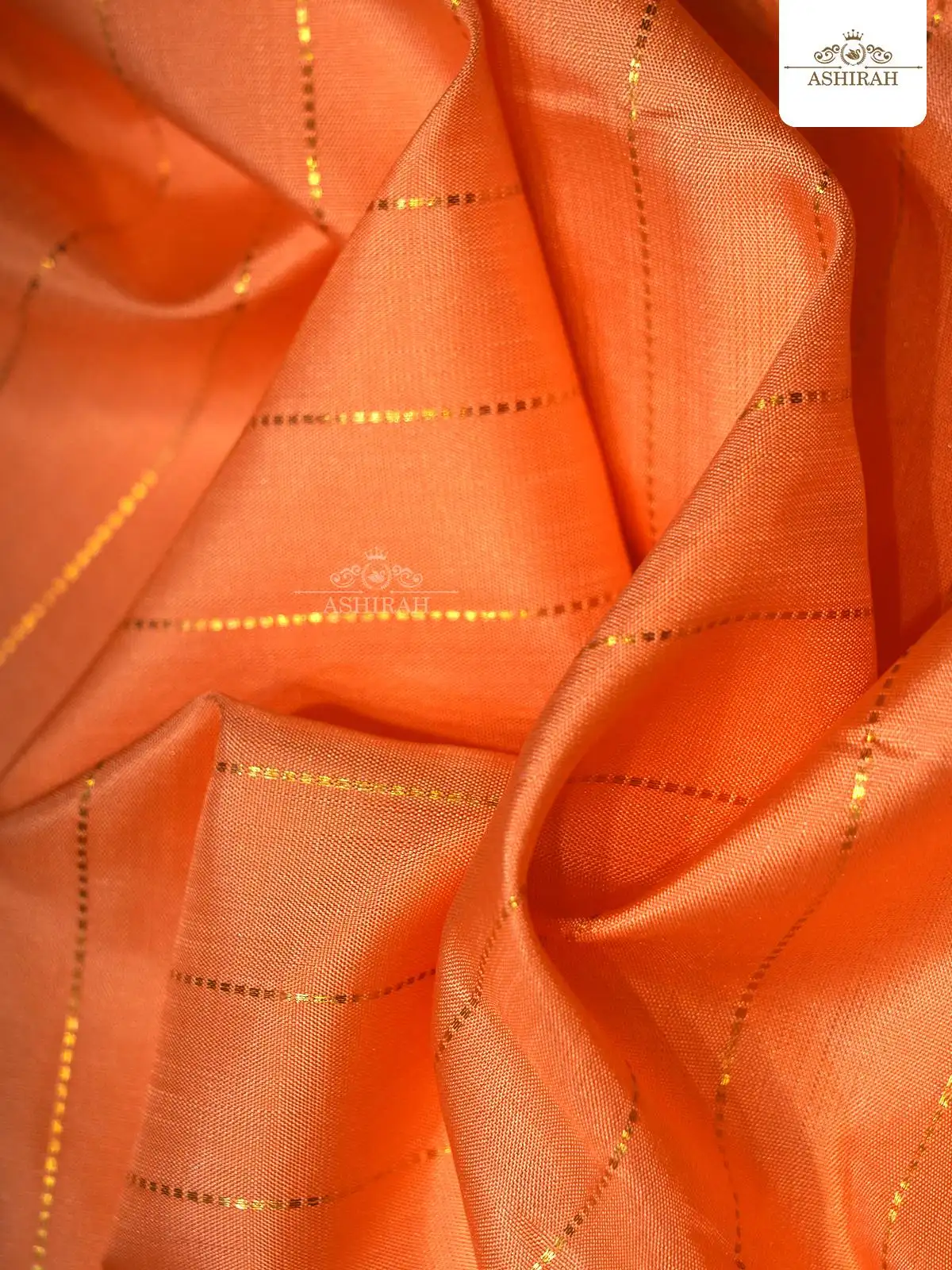 Orange Pure Kanchipuram Silk Saree With Manga Motifs And Horizontal Lines On The Body And Without Border