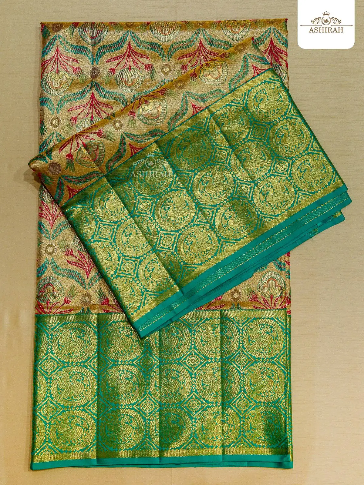 Multicolor Pure Kanchipuram Korvai Silk Saree With Brocade On The Body And Peacock Motifs Zari Border