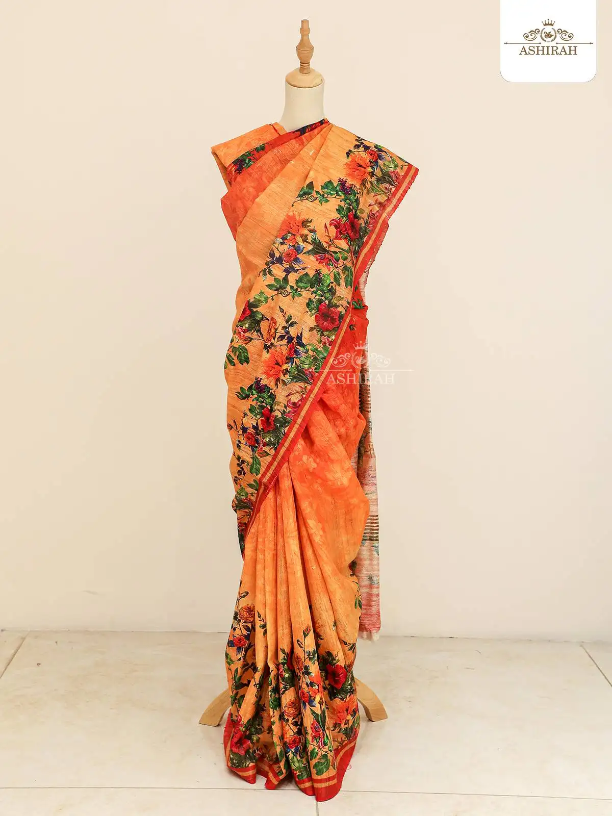 Orange Tussar Silk Saree Enhanced In Digital Floral Prints