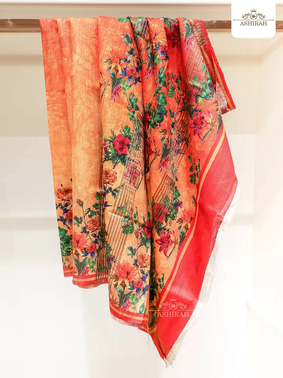 Orange Tussar Silk Saree Enhanced In Digital Floral Prints