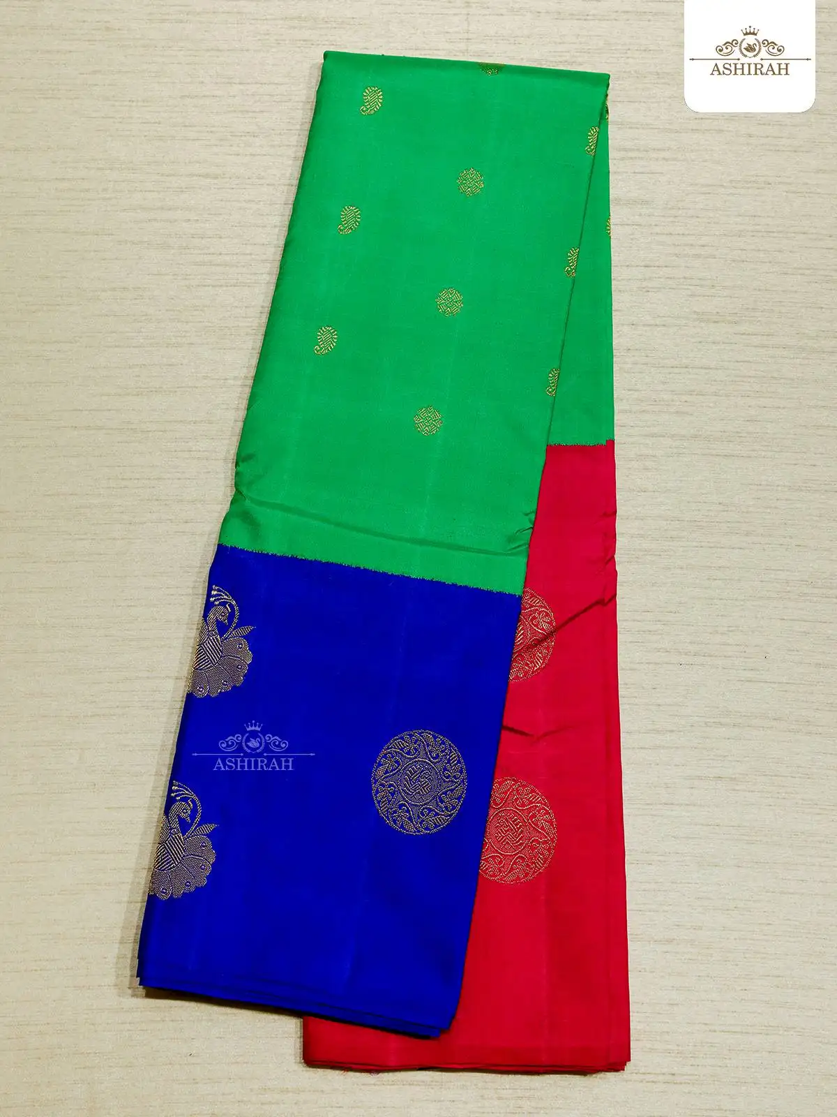 Green Pure Kanchipuram Korvai Silk Saree With Flower Motifs On The Body And Design Motifs Zari Border