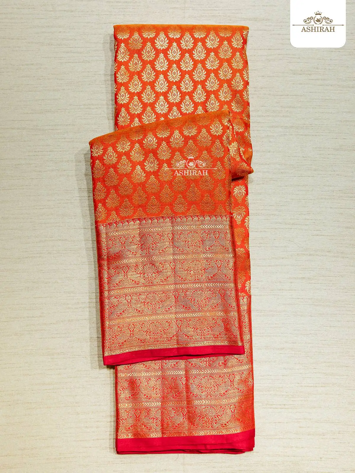 Orange Pure Kanchipuram Korvai Silk Saree With All Over Zari Design Motifs On The Body And Zari Border