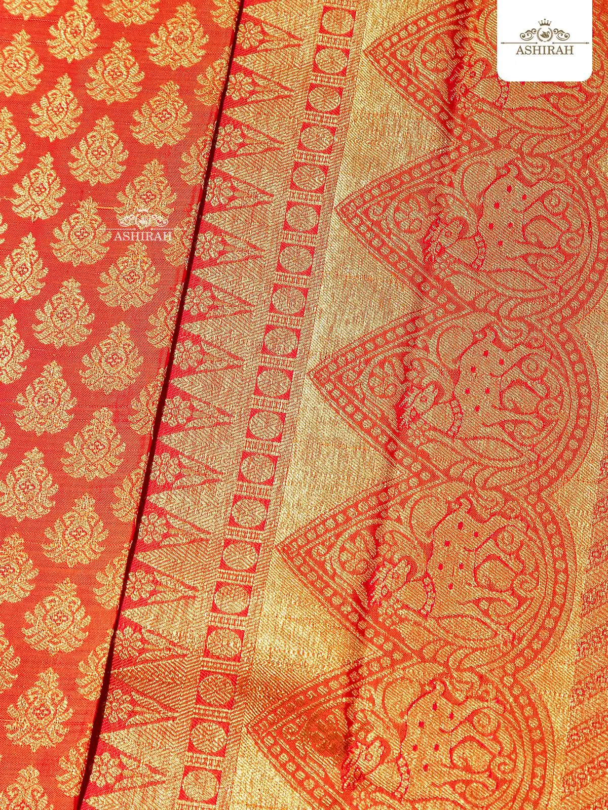 Orange Pure Kanchipuram Korvai Silk Saree With All Over Zari Design Motifs On The Body And Zari Border