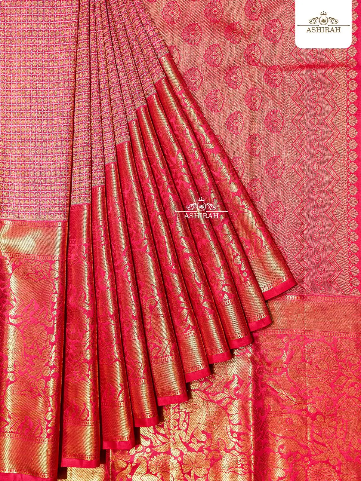Light Pink Pure Kanchipuram Silk Saree With Checks And Design Motifs On The Body And Animal Motifs Zari Border