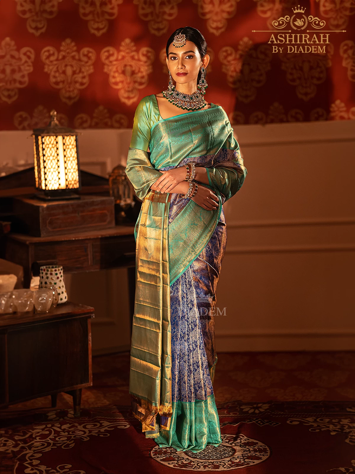 Ink blue silk saree with unique chakram buttas, border in geometrical  design & pallu with jaal design in copper zari
