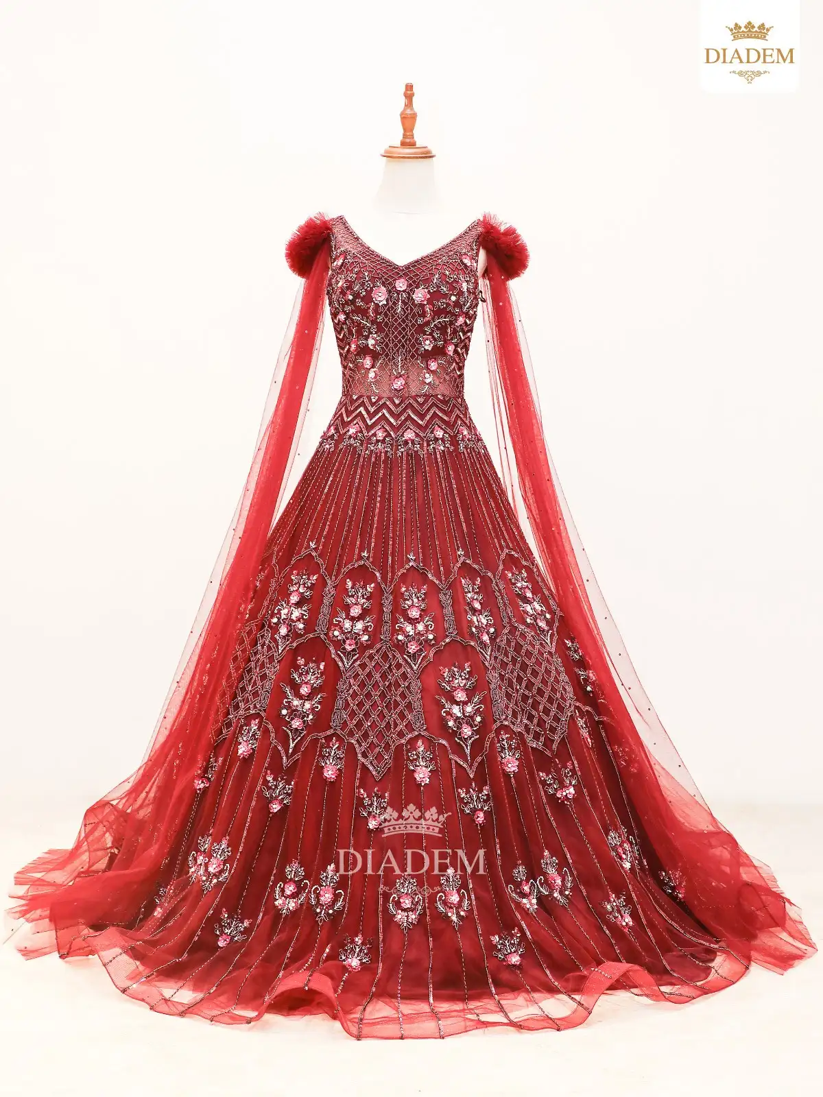 Dark Red Gown Embellished With Floral Embroideries