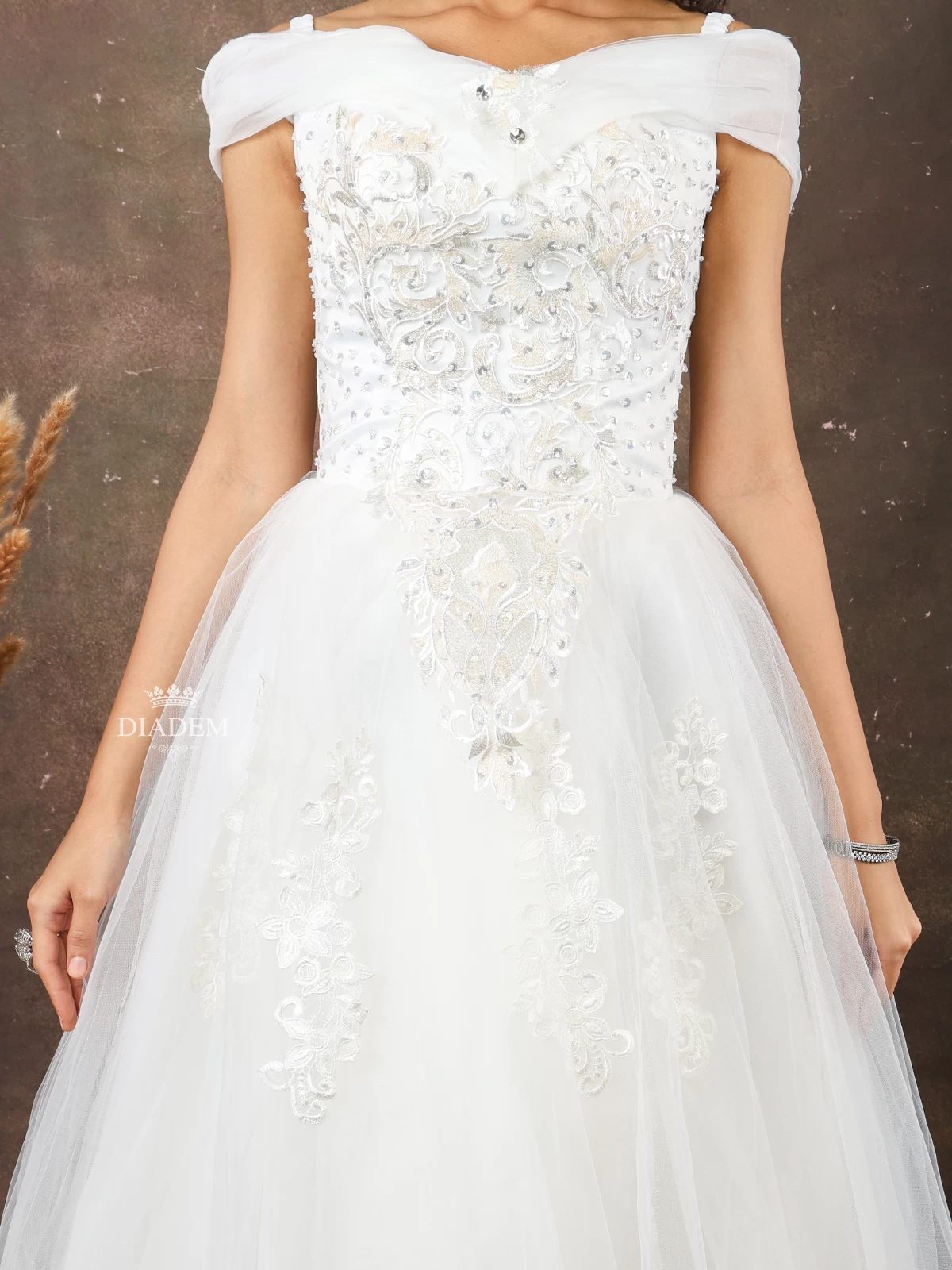 White Net Gown Embellished With Floral Threadwork Embroidery And Sequins