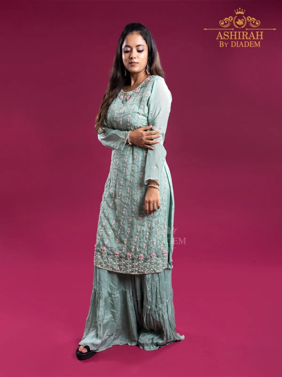 Light Blue Sharara  Suit Embellished in Floral Beads with Dupatta