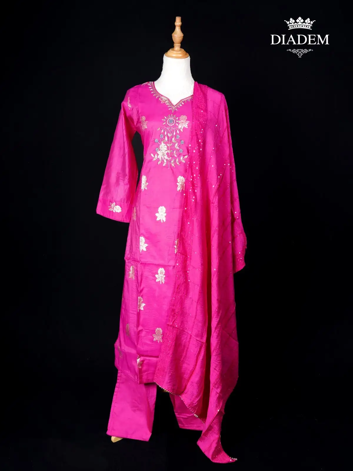 Pink Raw Silk Straight Cut Suit Adorned with Zari and Embroidery paired with Dupatta