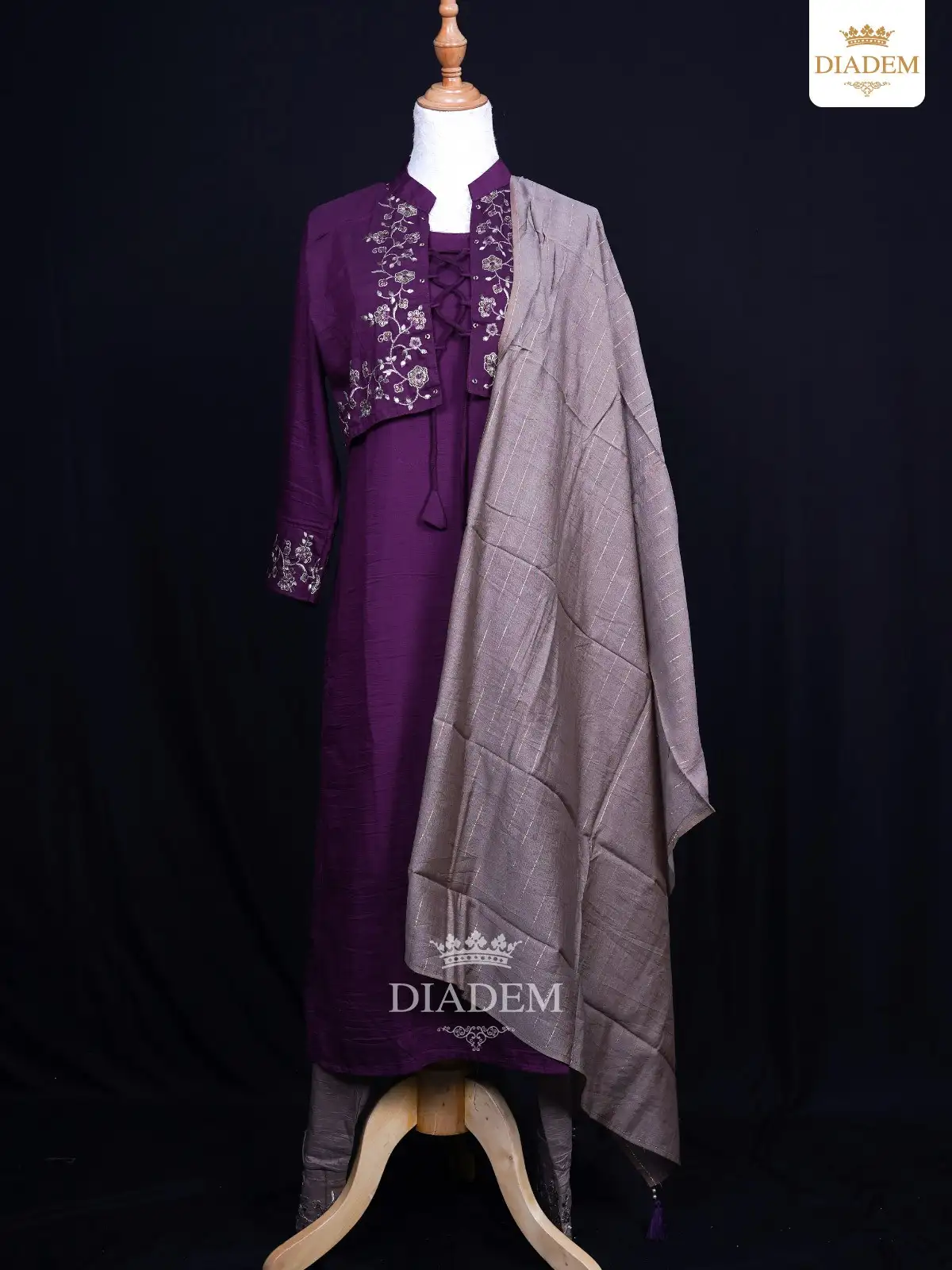 Purple Straight Cut Suit with Floral Embroideries Over Coat and Dupatta