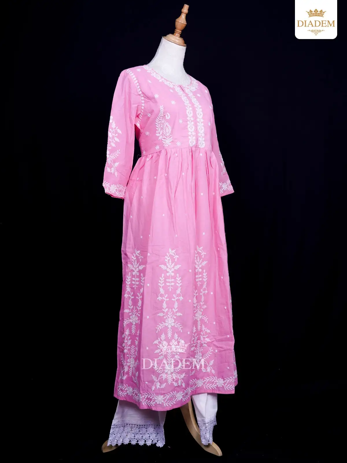 Pink And White Palazzo Suit Adorned With Thread Work Embroideries