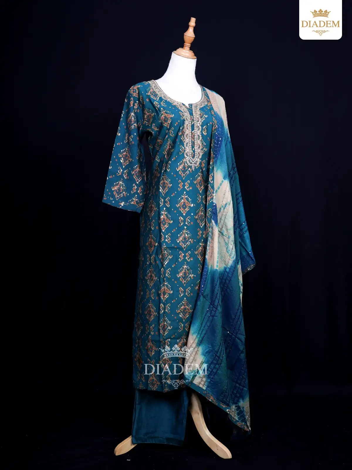 Peacock Blue Geometric Motif Print Cotton Salwar Suit With Parallel Pant