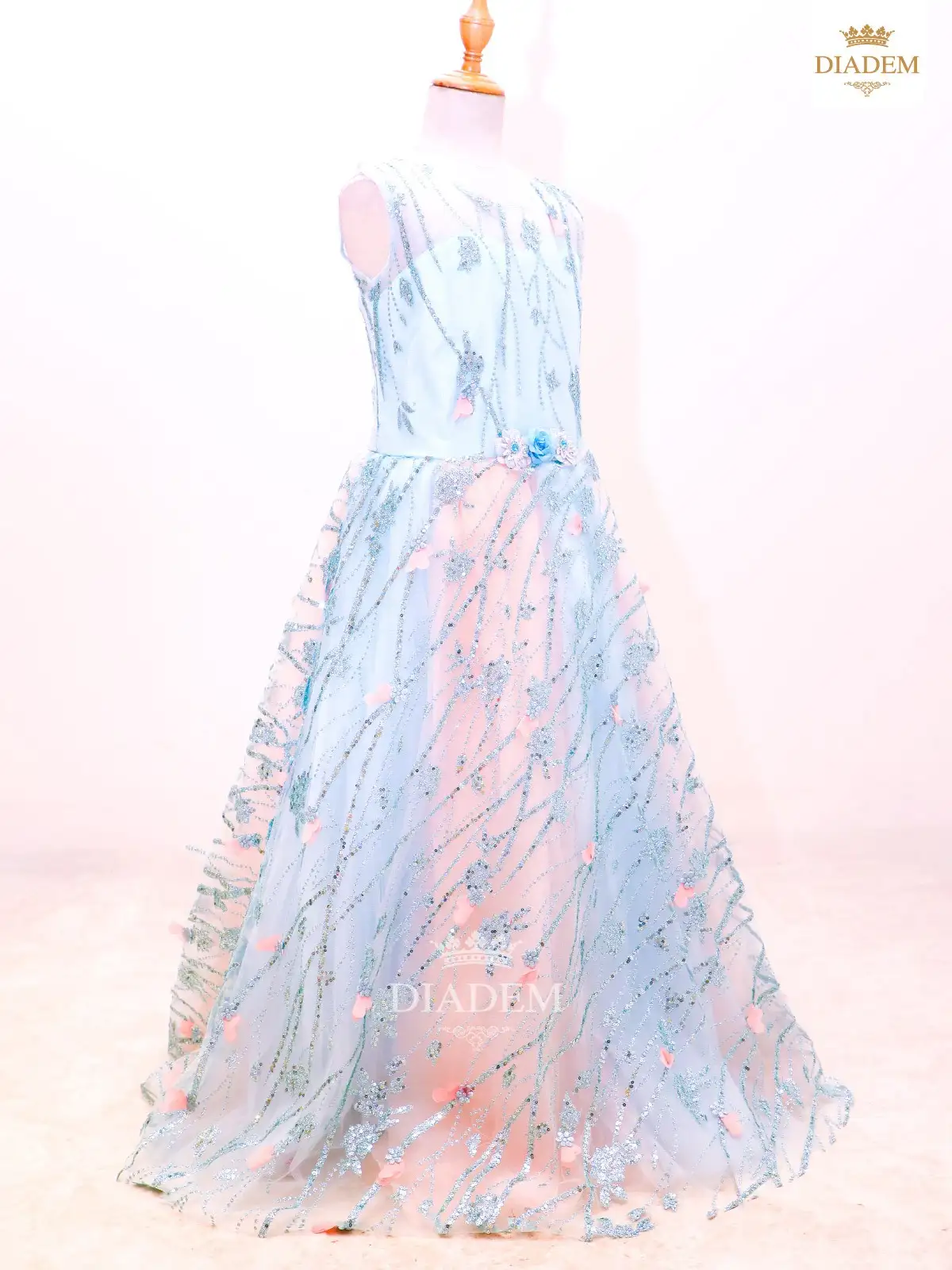 Sky Blue Gown Adorned In Sequins And Flower Design