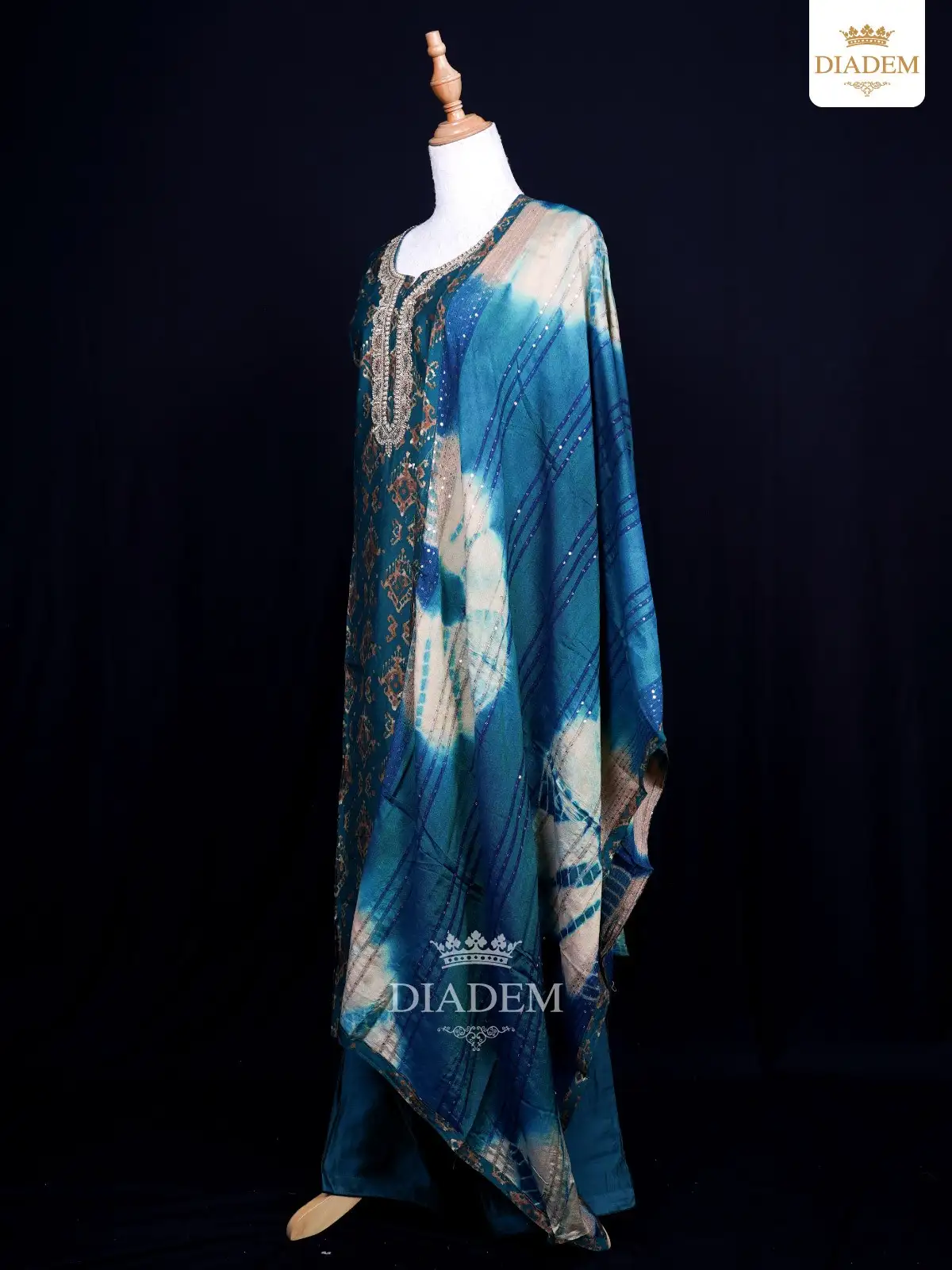 Peacock Blue Geometric Motif Print Cotton Salwar Suit With Parallel Pant