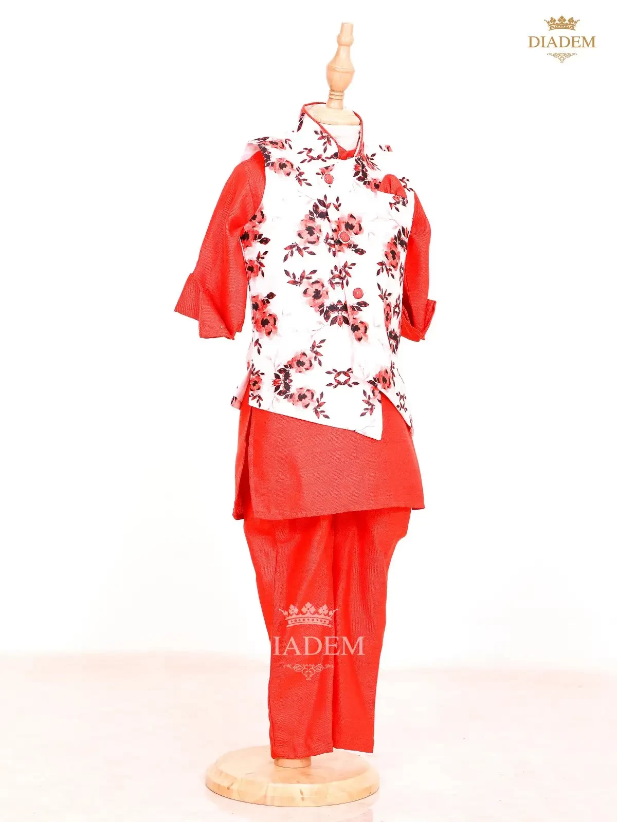 Scarlet Red Kurta Set With Floral Printed Waistcoat