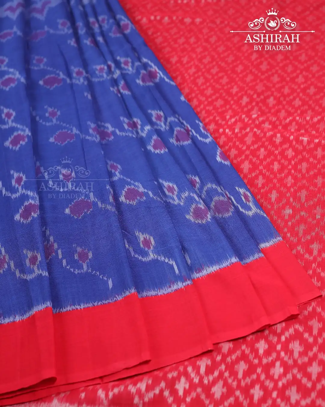 Royal Blue Cotton Saree With Ikkat Prints And Plain Border