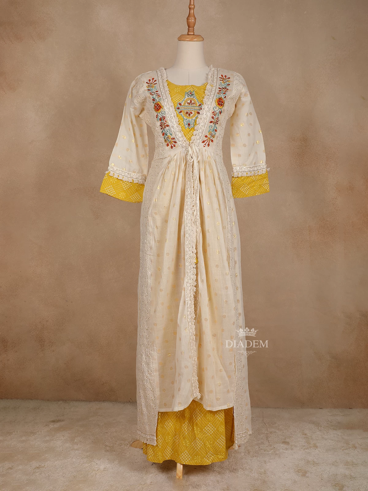 Yellow with White Kurti Adorned with Floral Prints and Thread work Embroidery