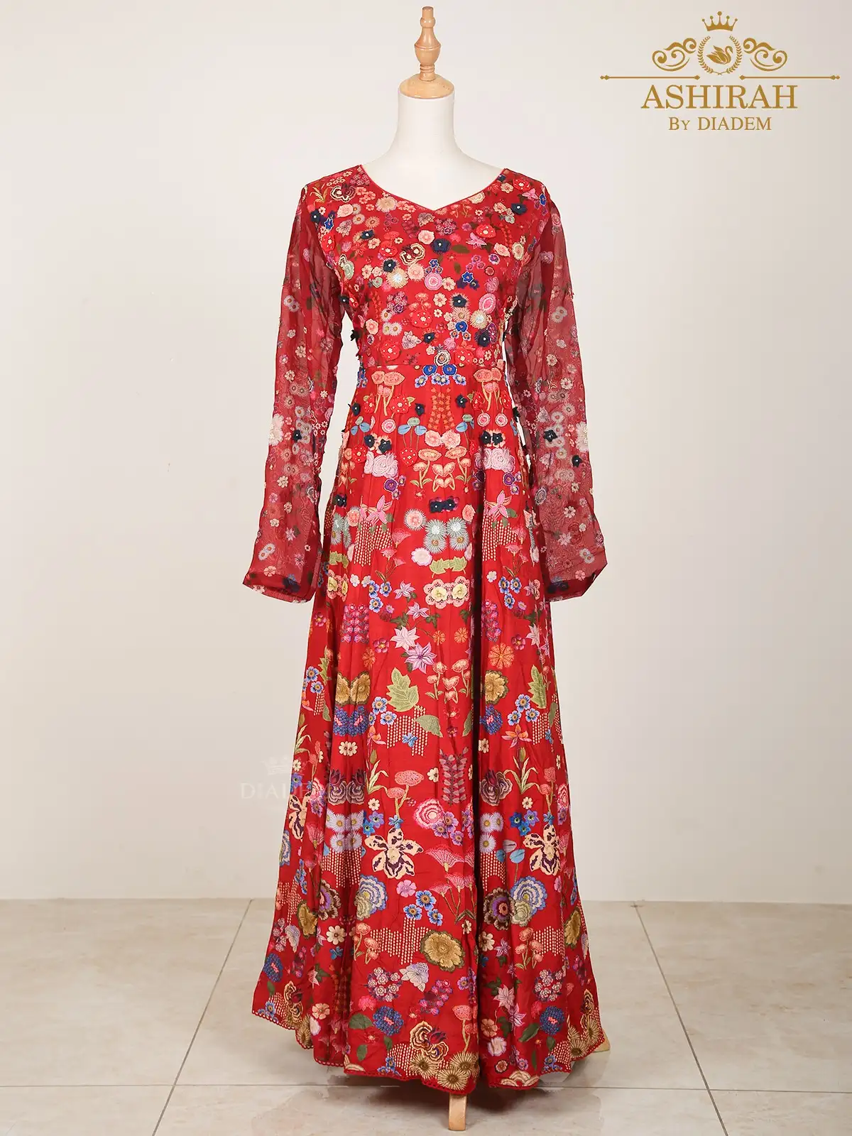 Red Long Kurti Adorned in Floral Threads and Prints