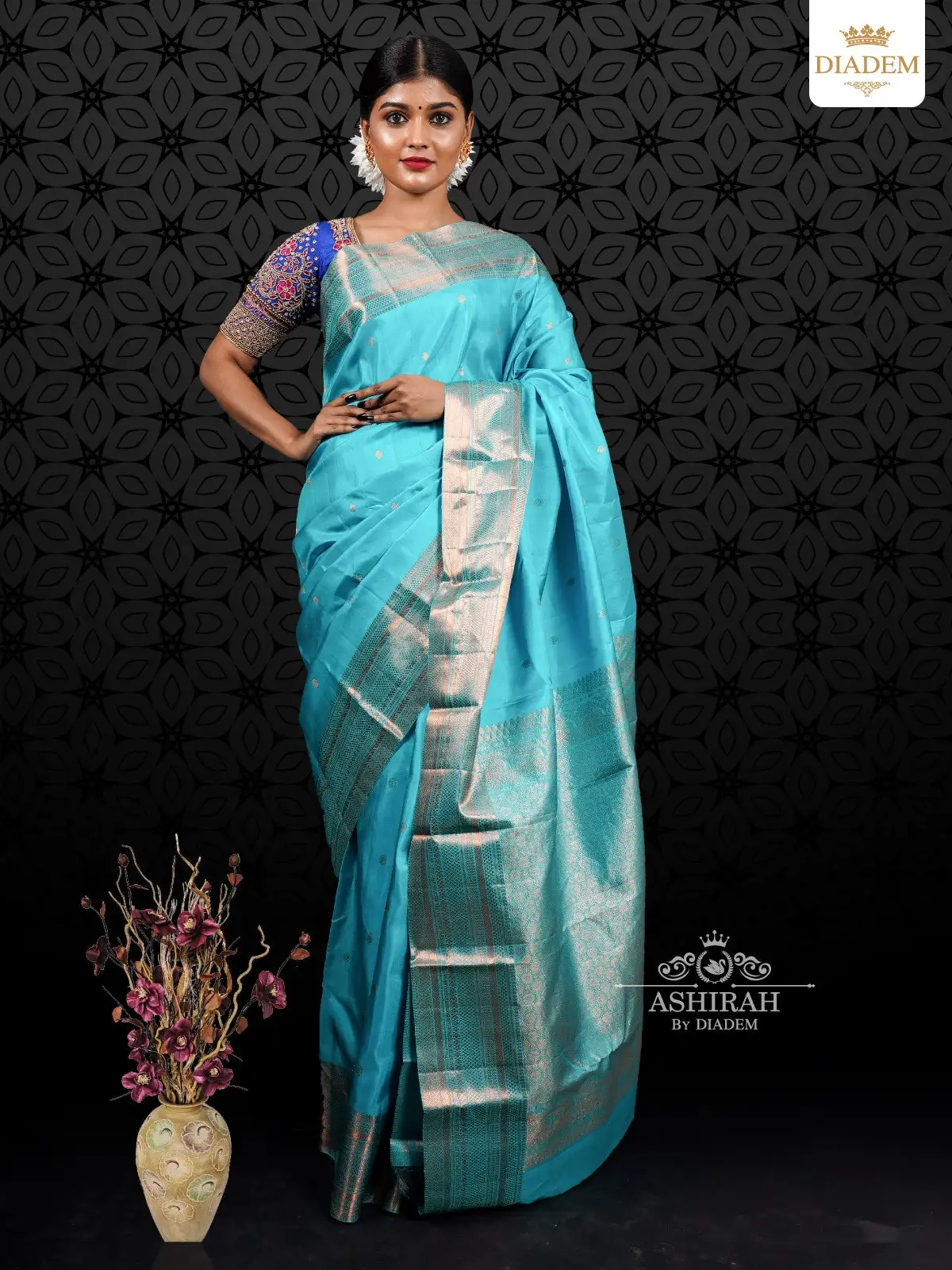Sky Blue Pure Kanchipuram Silk Saree With Chakra Motifs On The Body And Design Motifs Zari Border