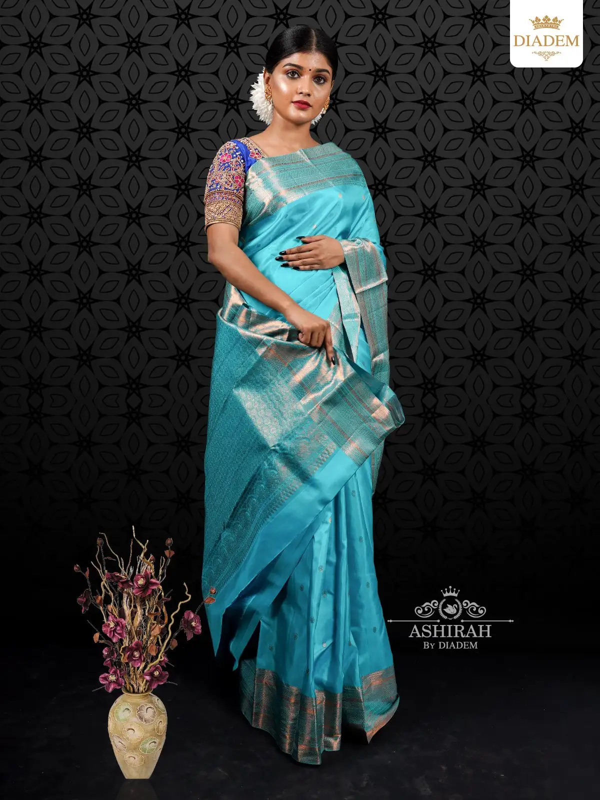 Sky Blue Pure Kanchipuram Silk Saree With Chakra Motifs On The Body And Design Motifs Zari Border