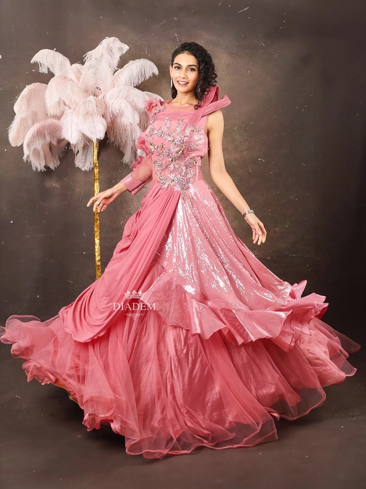 Pink Net Gown Embellished With Floral Beads And Stones