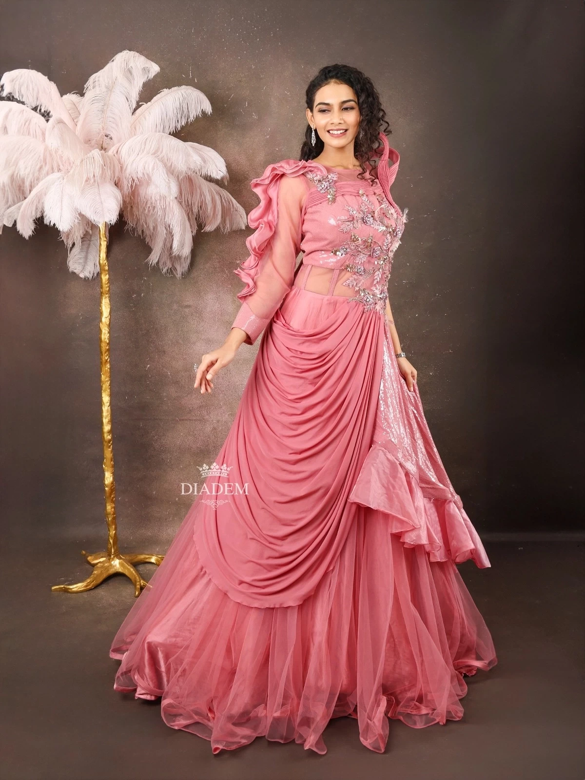Pink Net Gown Embellished With Floral Beads And Stones