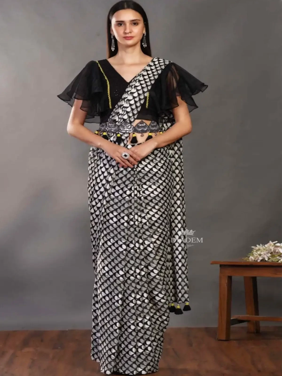 Black White Organza Silk Saree with all over Designs