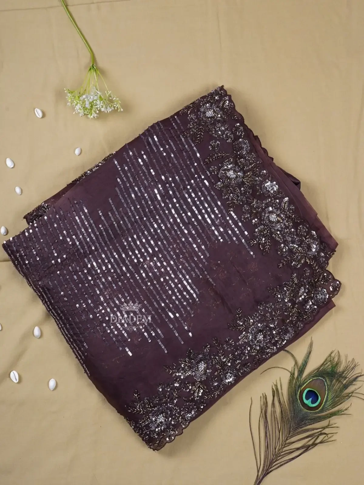 Dark Brown Organza Silk Saree Embellished In Floral Embroidery Border