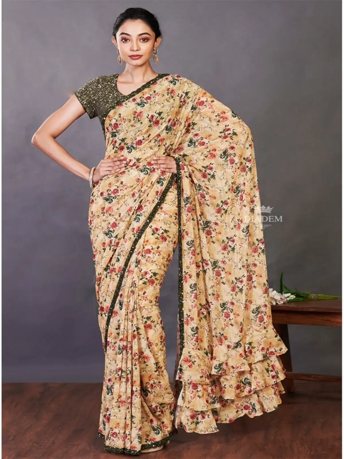 Royal Yellow Georgette Saree With Floral Prints On The Body And Sequins Design Border