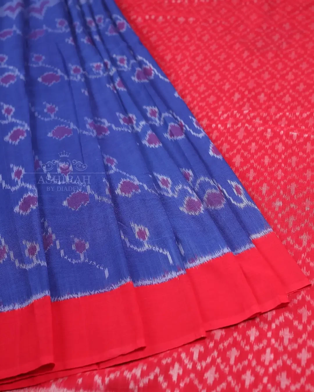 Royal Blue Cotton Saree with Ikkat Prints and Plain Border