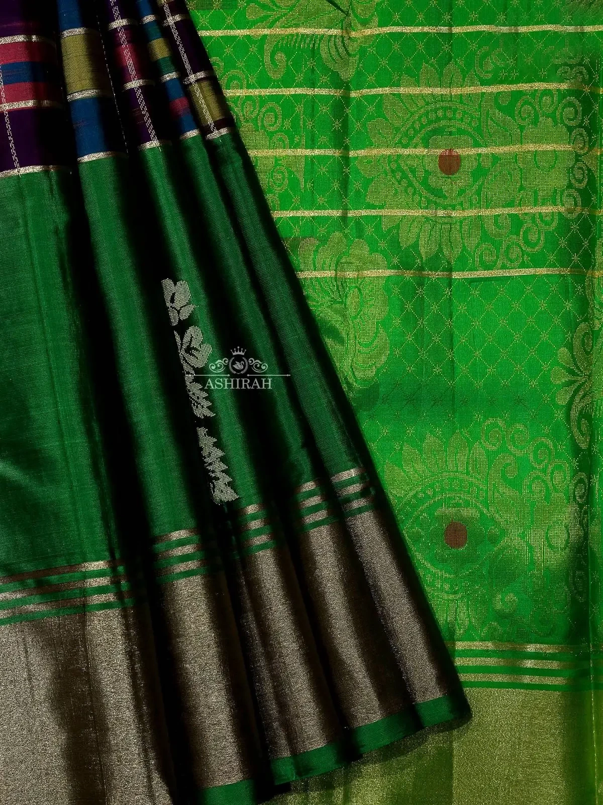 Green Soft Silk Saree with Checks design on the body and Zari Border