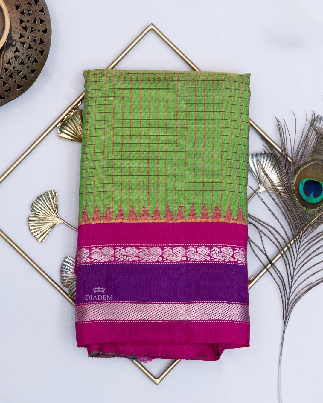 Parrot Green Gadwal Silk Saree with Checked design on the body and Temple Zari Border
