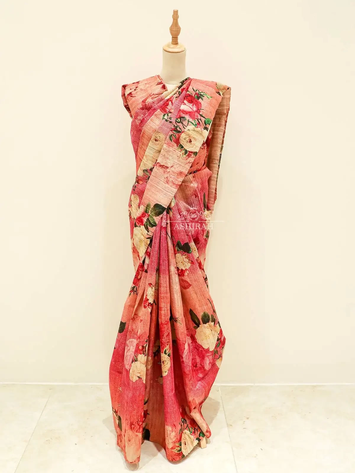 Pink Tussar Silk Saree Enhanced With Digital Floral Prints