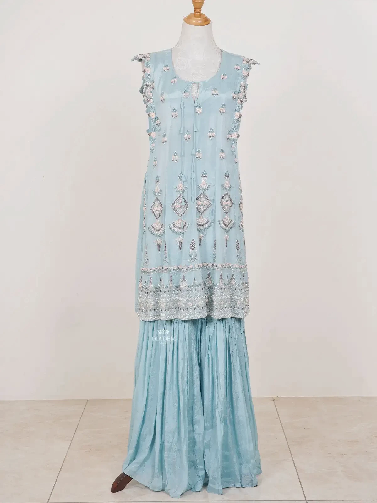 Light Blue Sharara Suit with Thread cut Floral Embroideries