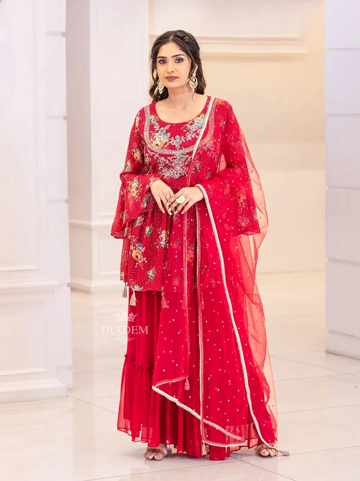 Red Pink Georgette Sharara Suit with Floral Print and Sequins Embellished Crop Top along with Dupatta