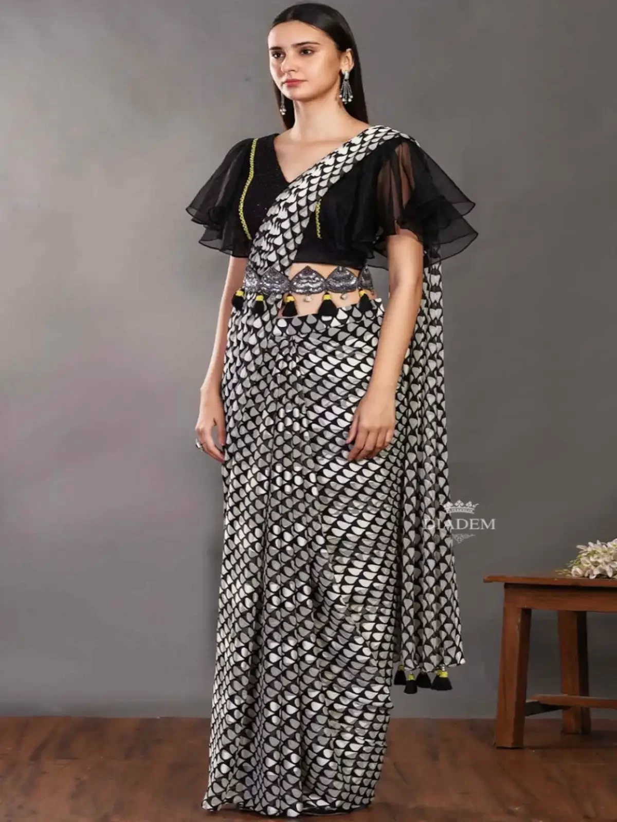 Black White Organza Silk Saree With All Over Designs