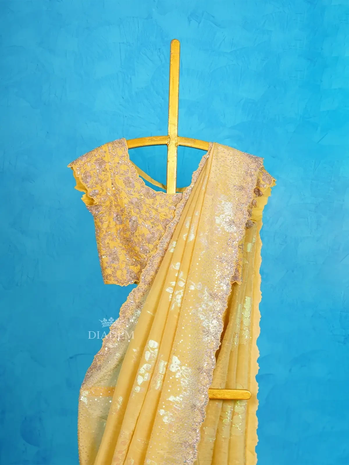 Yellow Crepe Shimmer Saree Embellished With Beads And Sequins Along With Designer Blouse