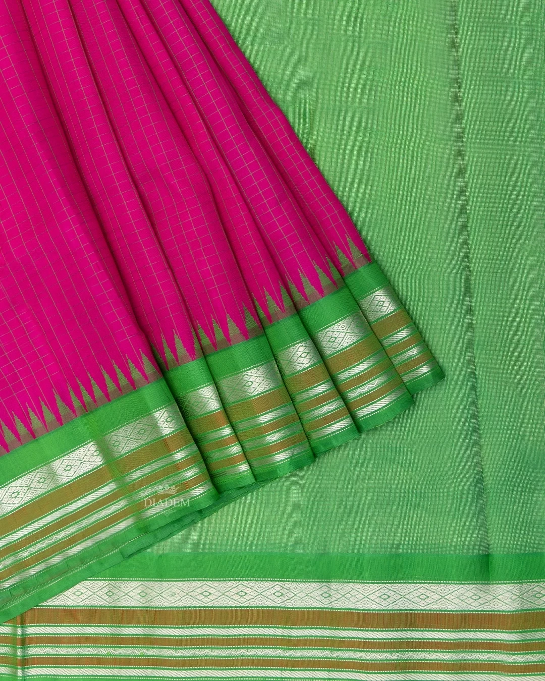 Dark Pink Gadwal Silk Saree With Checked Design On The Body And Temple Zari Border