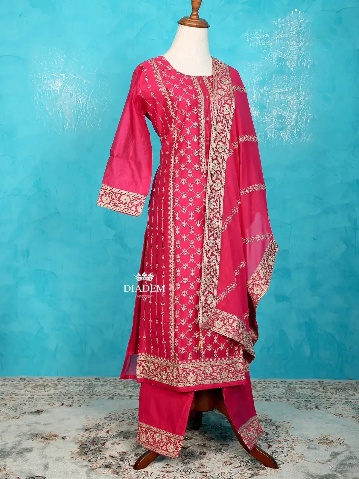 Dark Pink Straight Cut Suit With Thread Cut Embroidery And Dupatta
