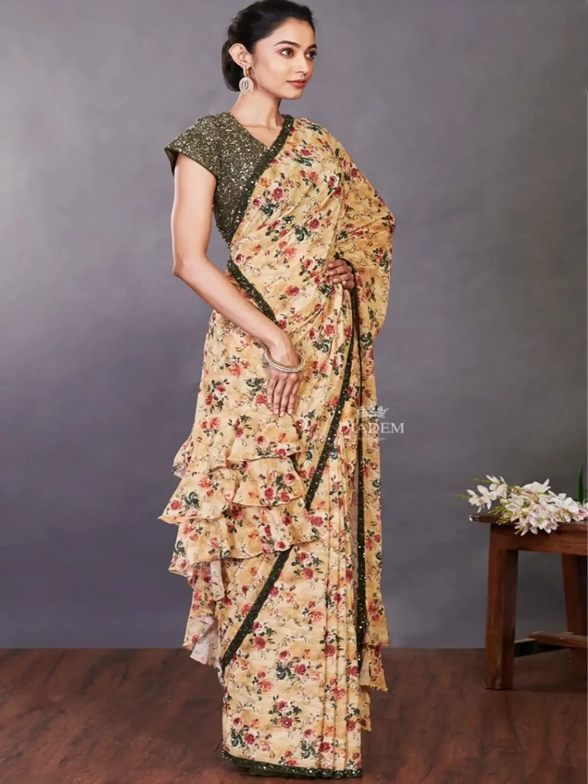 Royal Yellow Georgette Saree With Floral Prints On The Body And Sequins Design Border
