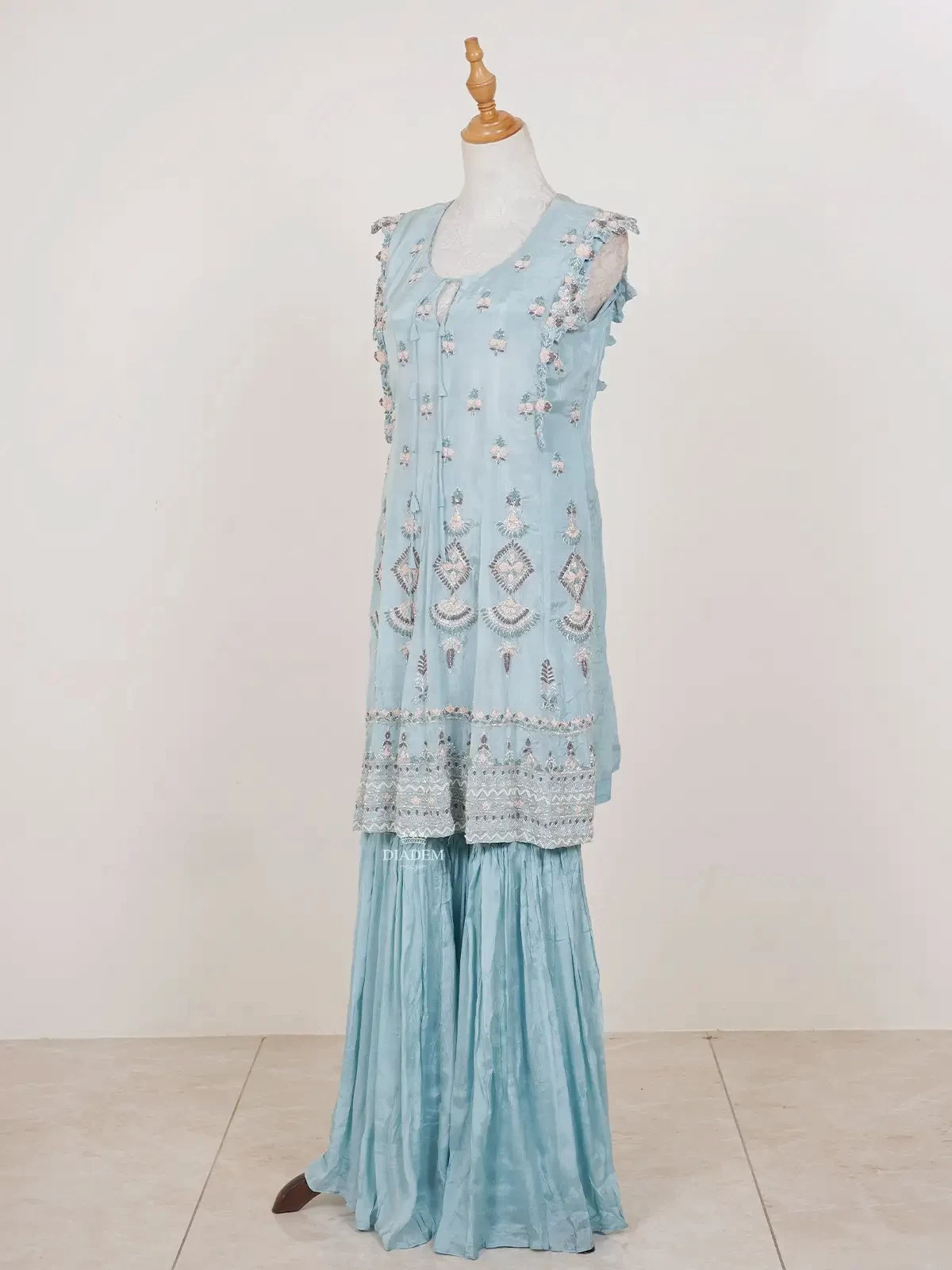 Light Blue Sharara Suit With Thread Cut Floral Embroideries