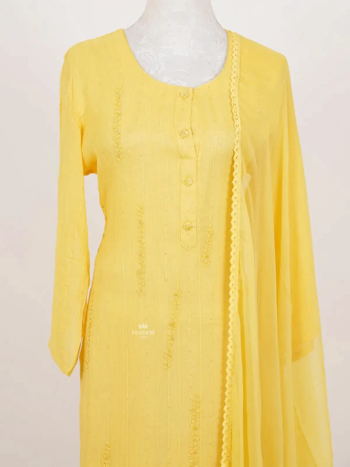 Yellow Straight Cut Suit Adorned With Floral Beads And Dupatta