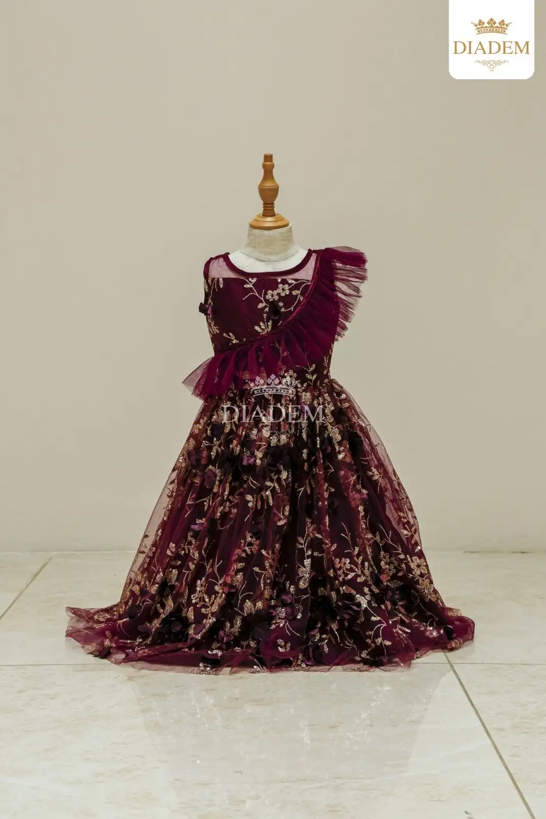Dark Purple Gown Adorned In Glitters Floral Design