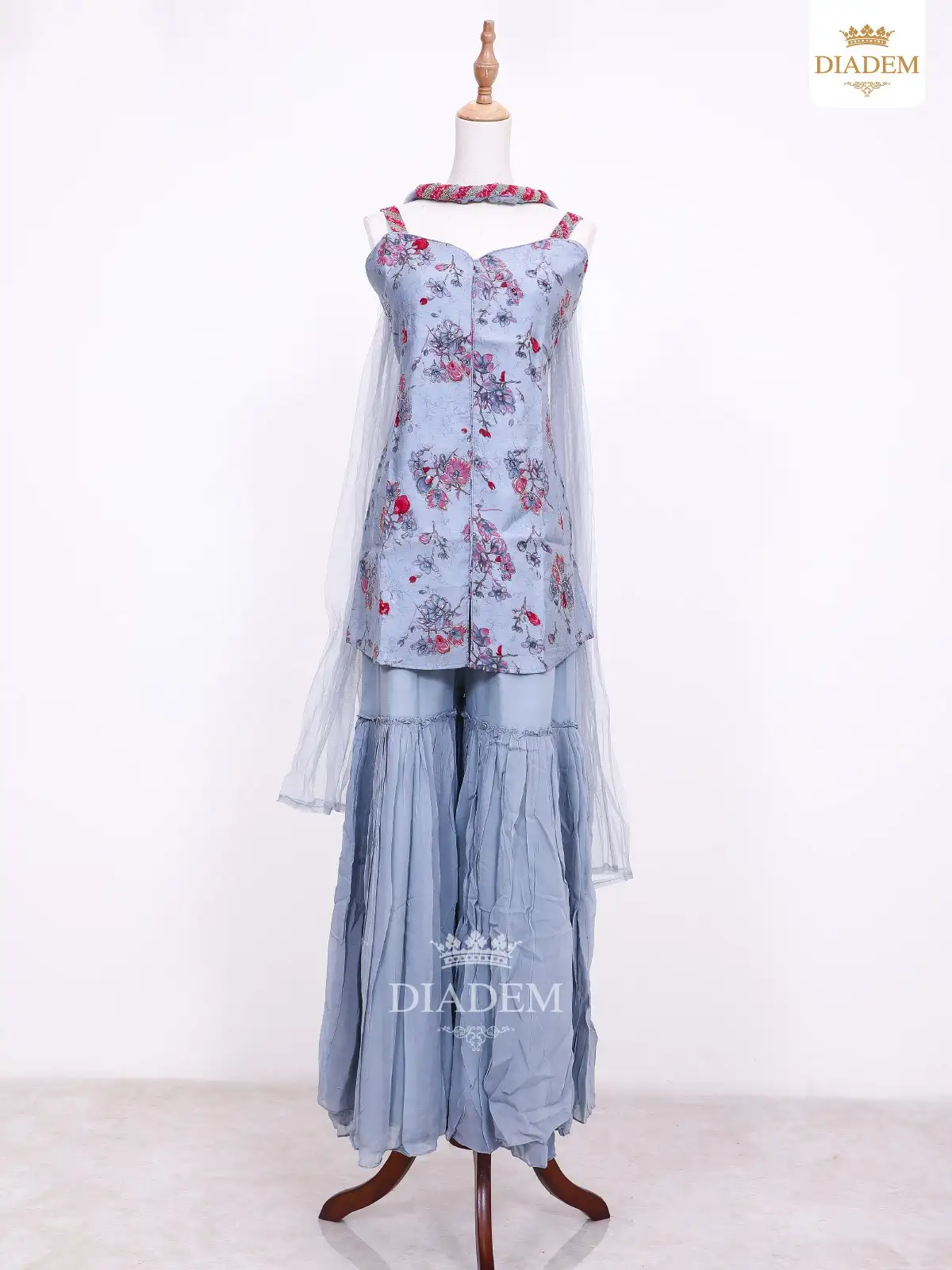 Light Grey Blue Floral Print And Bead Work Sharara Salwar Suit