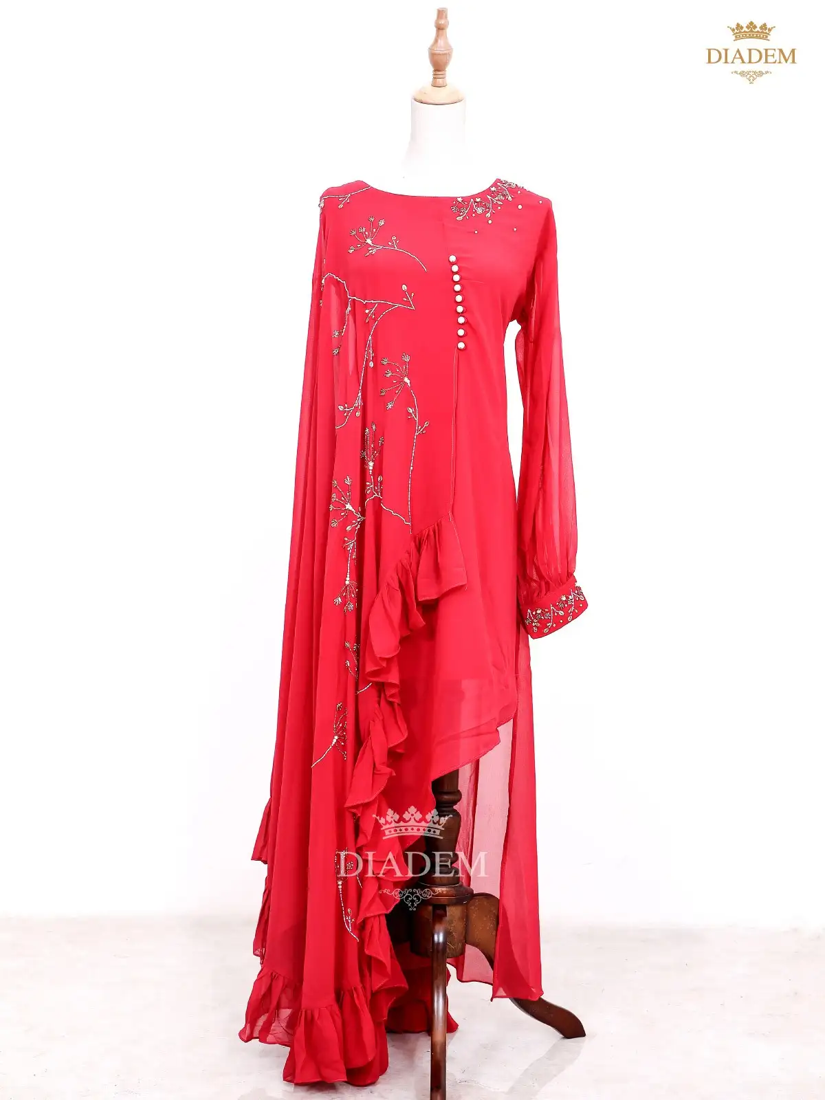 Red Indo Western Gown Adorned with Floral Beads